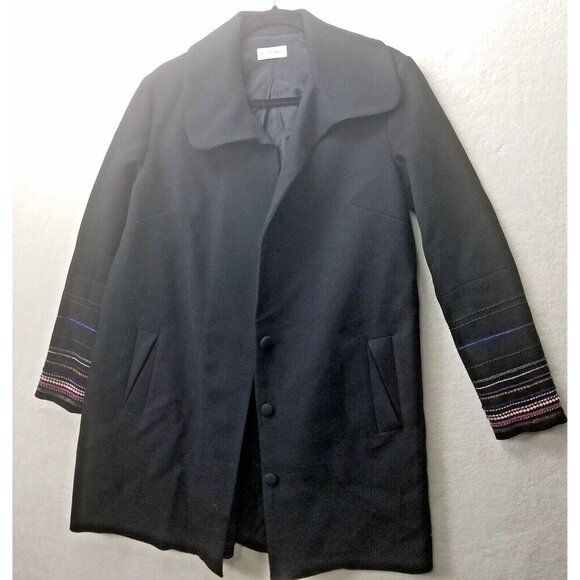 Megan Park black wool over coat women's 1 ribbon sleeves button snap close wide - Picture 1 of 16